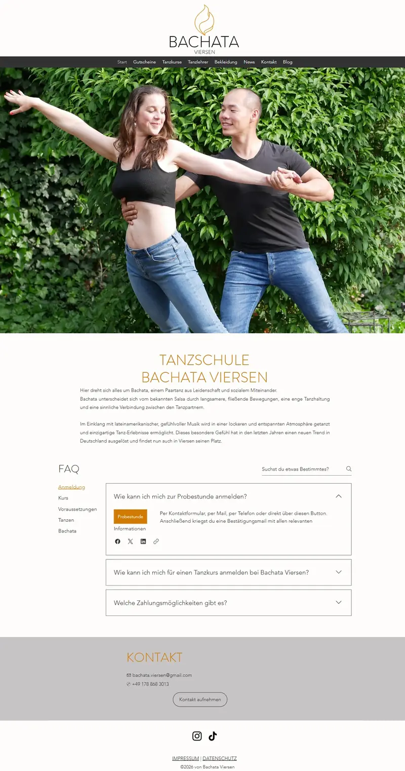 Startseite von bachata-viersen.de mit Logo, Tanzpaar, Text und FAQ