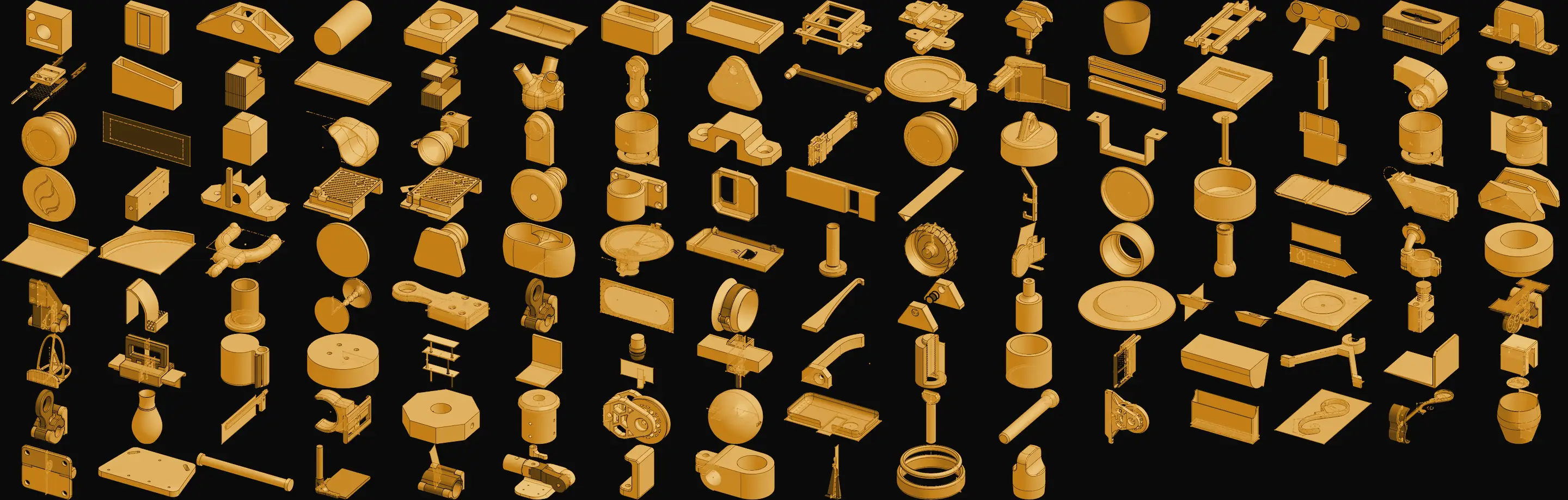 Mosaik aus 139 CAD-Modellen: Halterungen, Haken, Klemmen, Dosen, Räder, Logos