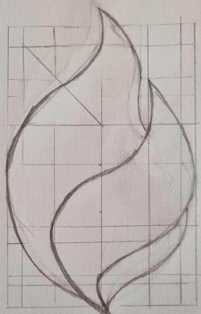 Bleistiftskizze der Logo-Flamme auf Karopapier