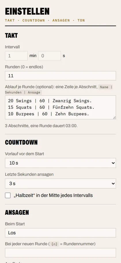 Taktgeber, Bereich Einstellen: Intervall, Runden und Ablauf je Runde