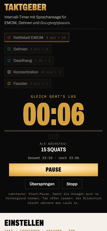 Taktgeber läuft: goldener Countdown 00:06, als Nächstes 15 Squats