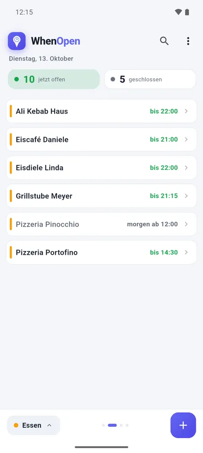 WhenOpen-App: Liste der Lokale mit Öffnungszeiten, zehn Orte jetzt offen