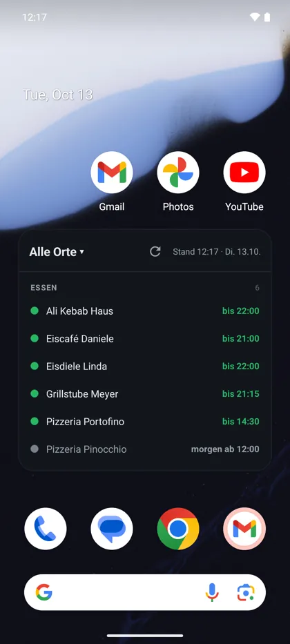 WhenOpen-Widget auf dem Startbildschirm mit den Orten, die gerade offen haben